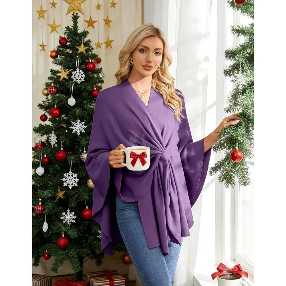 Women's Purple Elegant Open Poncho Sweater For Spring Fall Winter Shawl Wraps